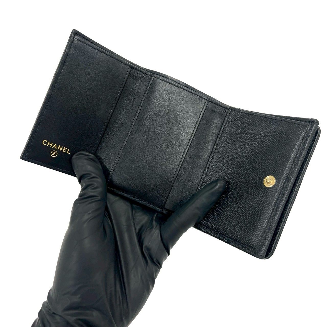 Chanel Mademoiselle CC Logo Caviar Leather Trifold Wallet Mini Black — view 7