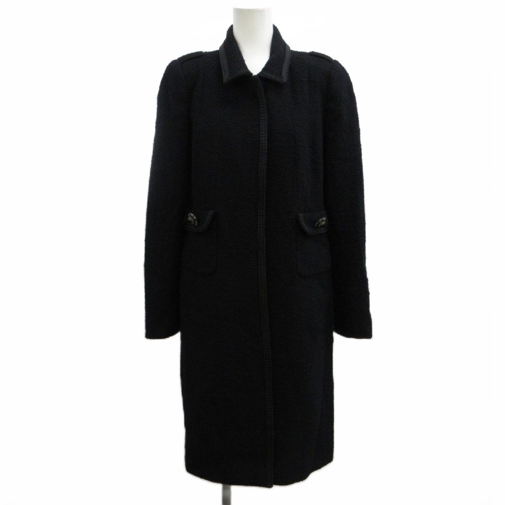 Max Mara Coat Outer Wool 42 Black Tweed Visual Decoration Long Sleeve Length PP