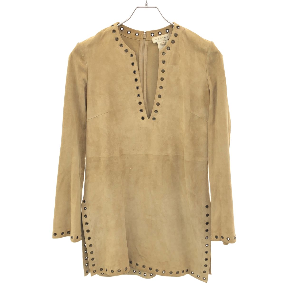 Celine Vintage Eyelet Suede Leather Dress 2 Beige 34