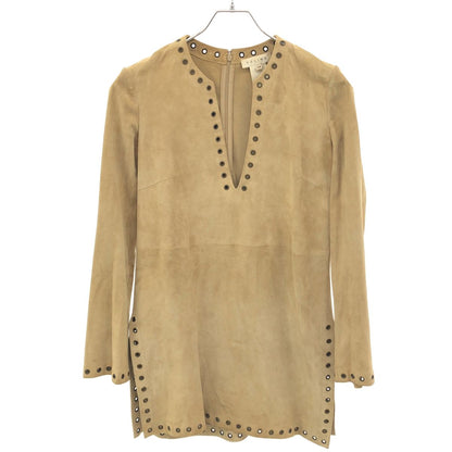 Celine Vintage Eyelet Suede Leather Dress 2 Beige 34
