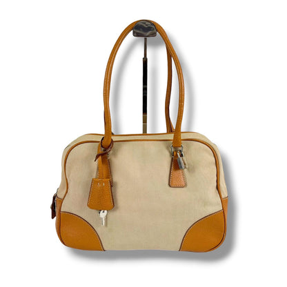 Prada Triangle Logo Shoulder Bag Padlock Leather Canvas Brown