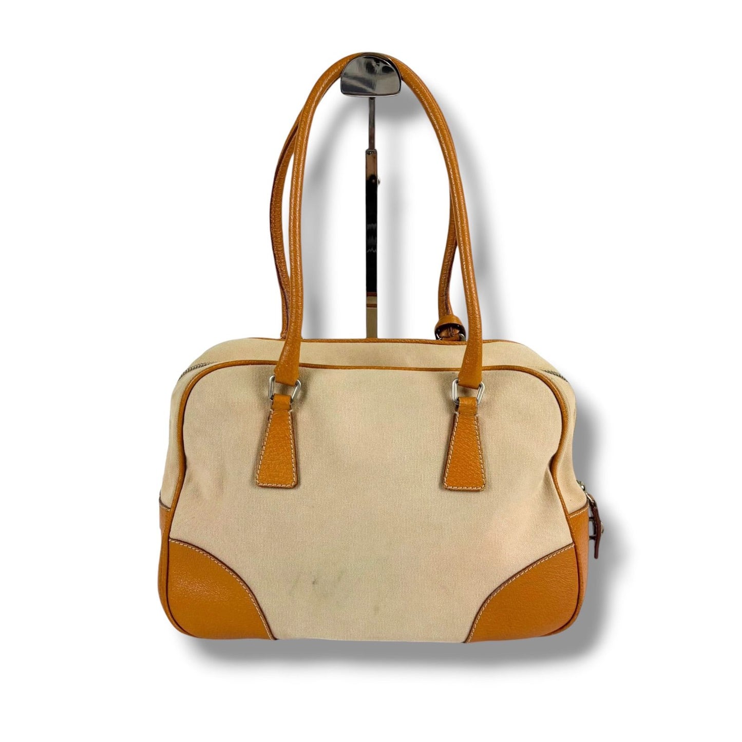 Prada Triangle Logo Shoulder Bag Padlock Leather Canvas Brown — view 2