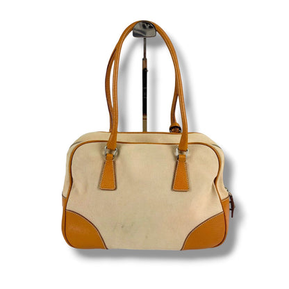 Prada Triangle Logo Shoulder Bag Padlock Leather Canvas Brown — view 2