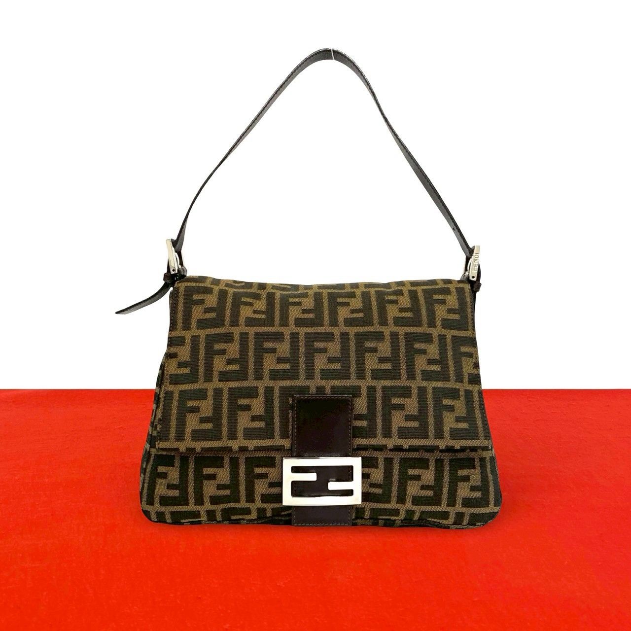 Fendi Mamma Bucket Zucca FF Logo Pattern Canvas Leather Shoulder Bag Brown