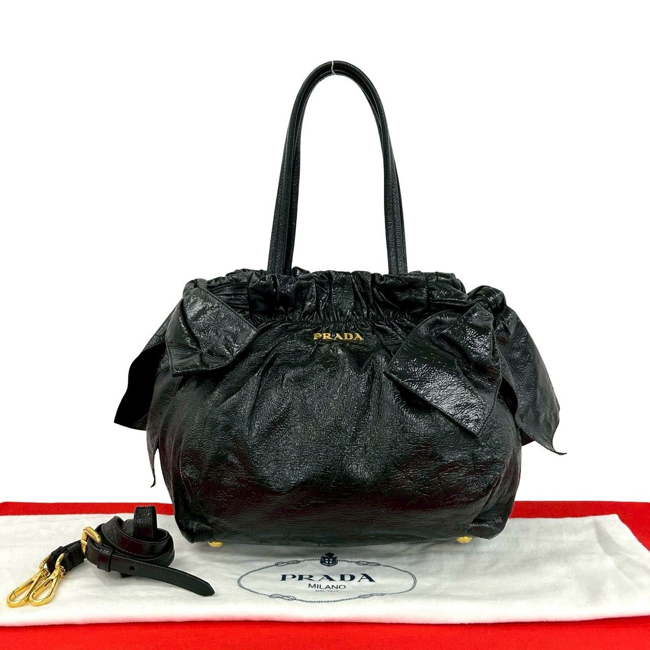 Prada Logo Side Ribbon Leather 2-Way Shoulder Bag Mini Tote Black