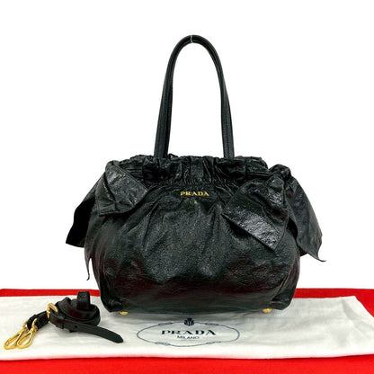 Prada Logo Side Ribbon Leather 2-Way Shoulder Bag Mini Tote Black