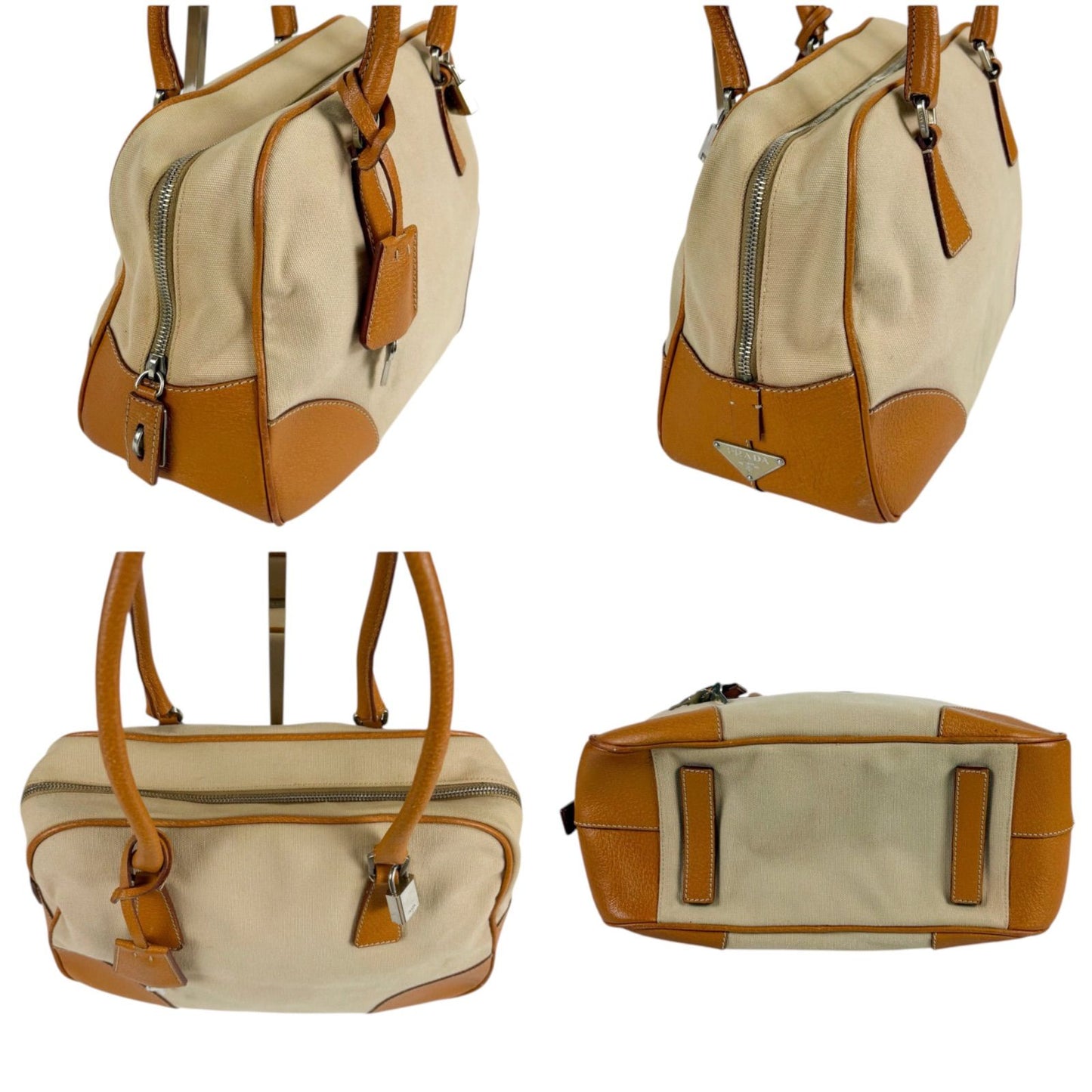 Prada Triangle Logo Shoulder Bag Padlock Leather Canvas Brown — view 3