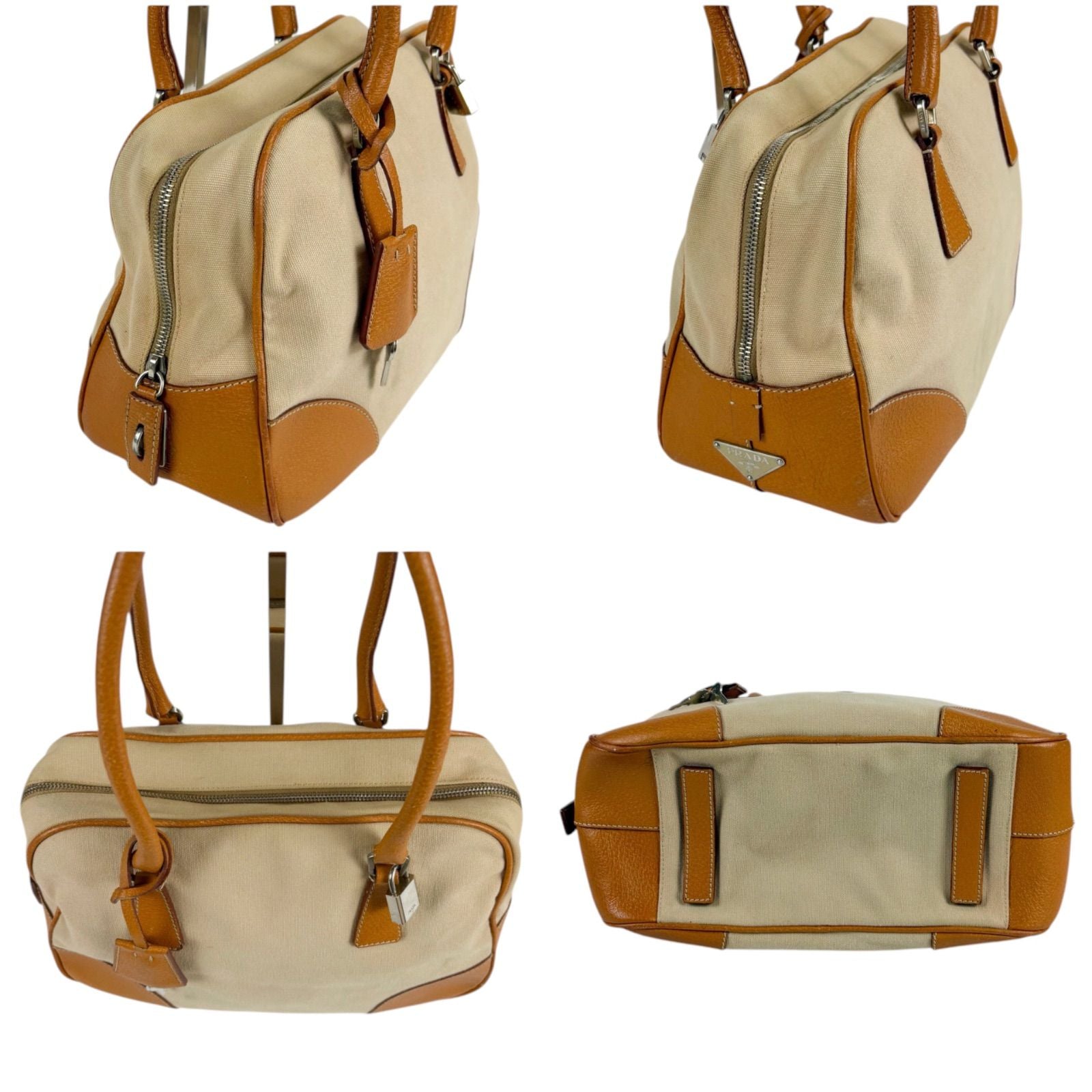 Prada Triangle Logo Shoulder Bag Padlock Leather Canvas Brown — view 3