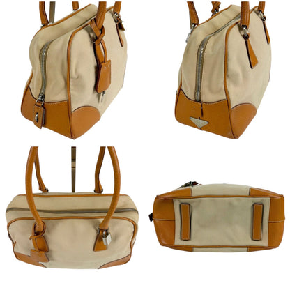 Prada Triangle Logo Shoulder Bag Padlock Leather Canvas Brown — view 3
