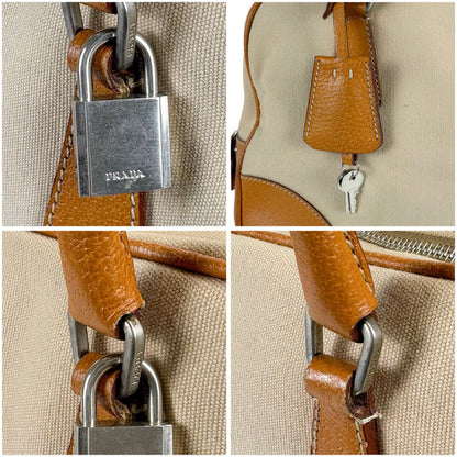 Prada Triangle Logo Shoulder Bag Padlock Leather Canvas Brown — view 8