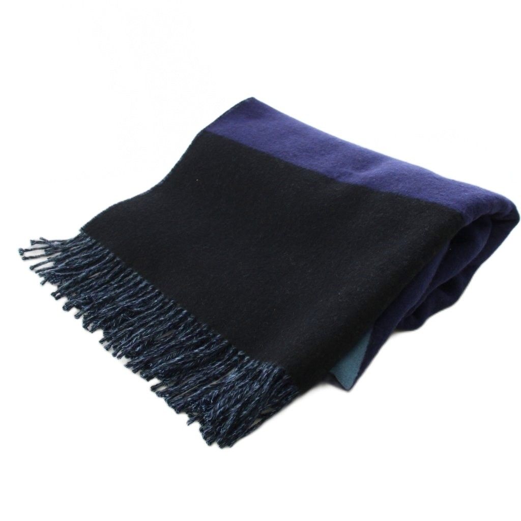 Hermes Fringe Shawl Large Cashmere 100% Navy Blue Black KH Scarf