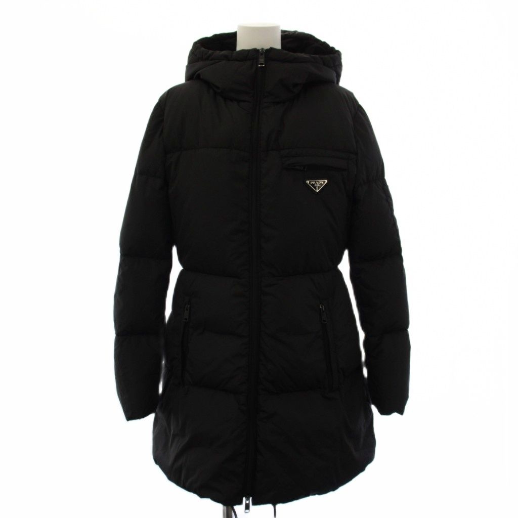 Prada Re-Nylon Down Coat Hoodie Triangle Logo 42 Black