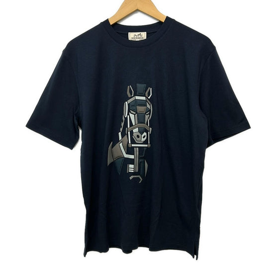 Hermes Short Sleeve T-Shirt M Dark Navy Dark Brown Multi Crew Neck Cashmere