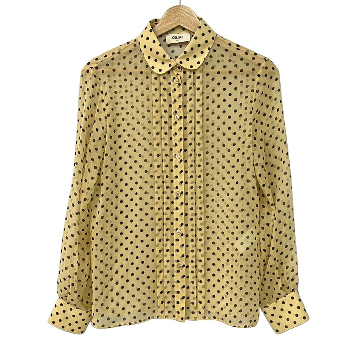 Celine Long Sleeve Shirt Blouse 34 S Dark Yellow Dark Brown Silk Dot Pattern
