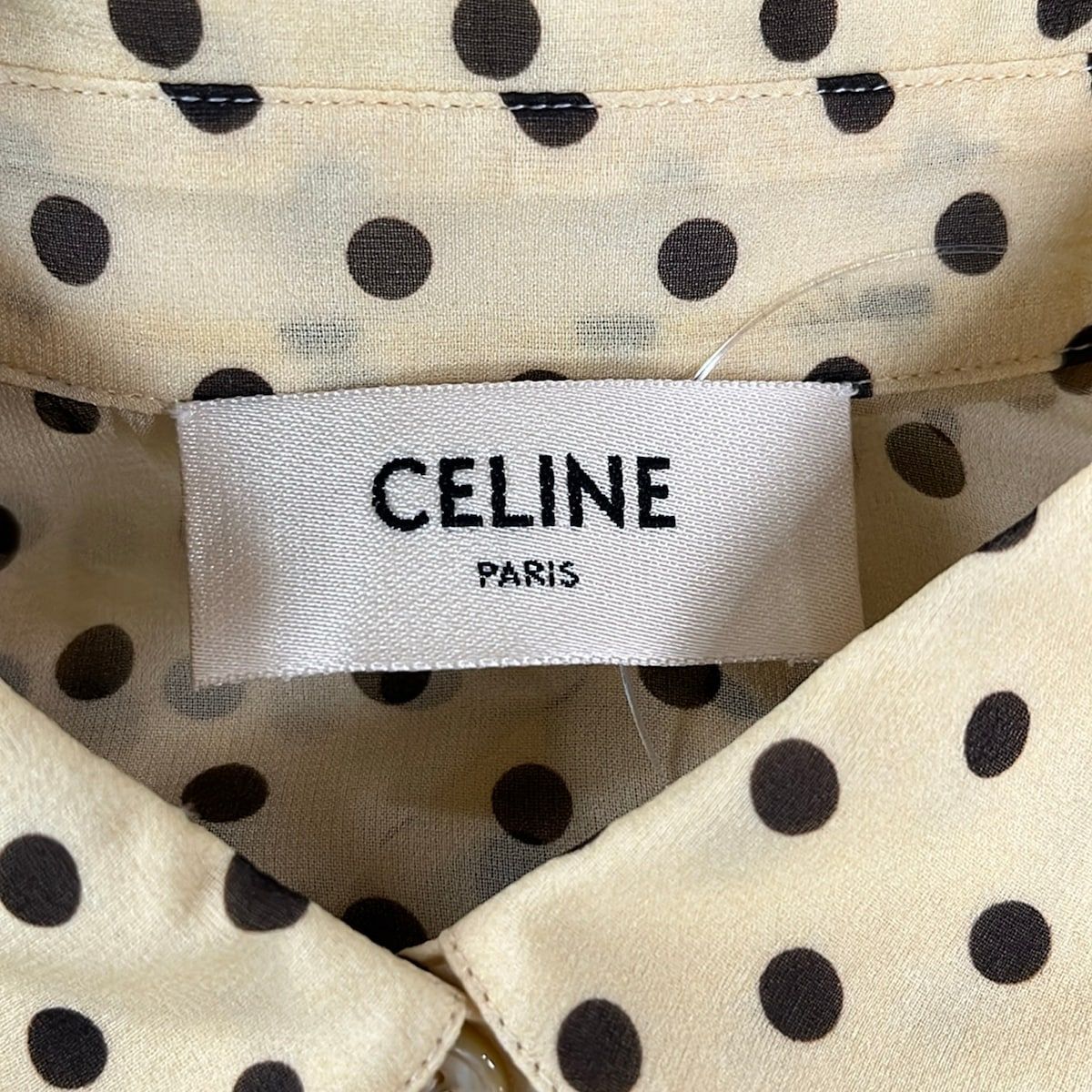 Celine Long Sleeve Shirt Blouse 34 S Dark Yellow Dark Brown Silk Dot Pattern — view 3