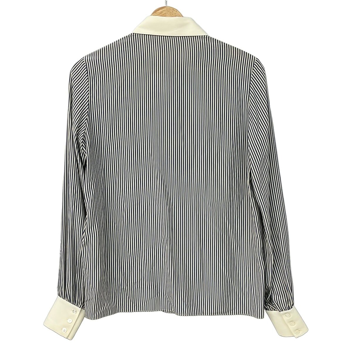 Celine Long Sleeve Shirt Blouse 36 S Ivory Dark Navy Silk Striped Ruffle — view 2