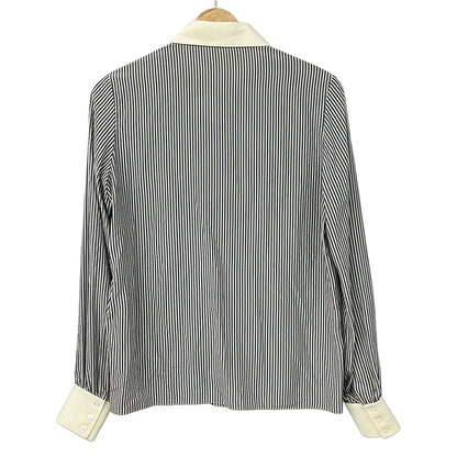 Celine Long Sleeve Shirt Blouse 36 S Ivory Dark Navy Silk Striped Ruffle — view 2