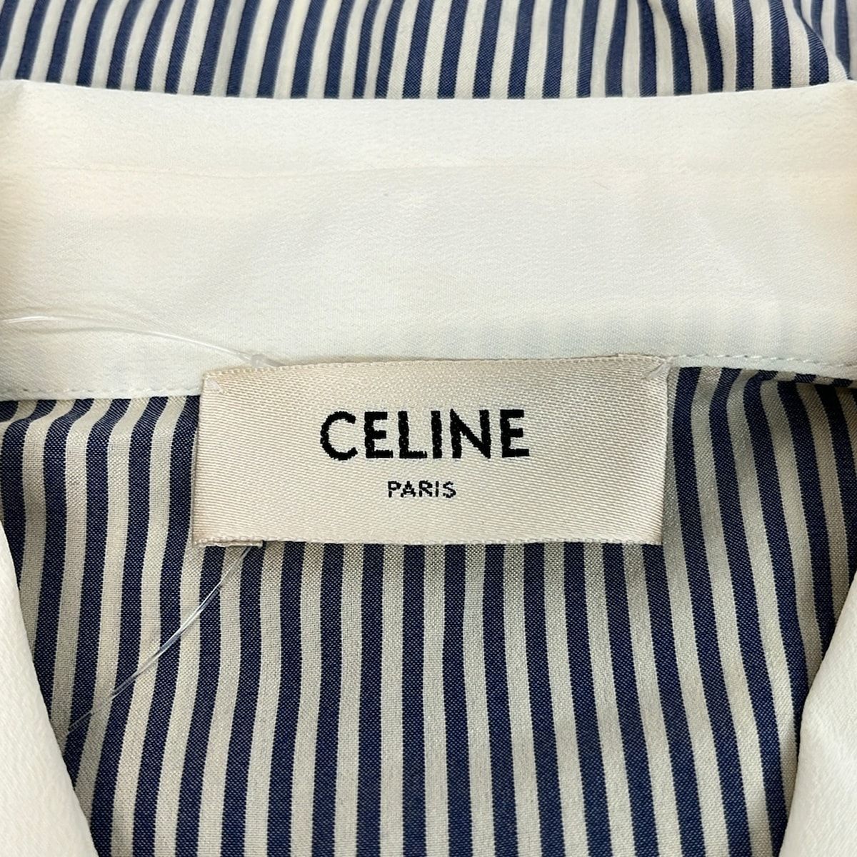 Celine Long Sleeve Shirt Blouse 36 S Ivory Dark Navy Silk Striped Ruffle — view 3
