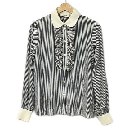 Celine Long Sleeve Shirt Blouse 36 S Ivory Dark Navy Silk Striped Ruffle