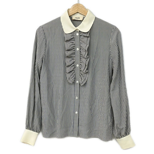 Celine Long Sleeve Shirt Blouse 36 S Ivory Dark Navy Silk Striped Ruffle