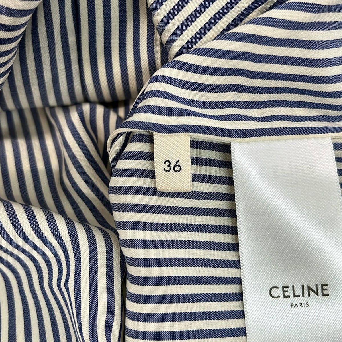 Celine Long Sleeve Shirt Blouse 36 S Ivory Dark Navy Silk Striped Ruffle — view 5