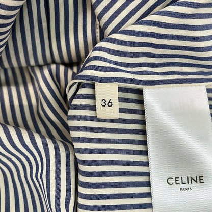 Celine Long Sleeve Shirt Blouse 36 S Ivory Dark Navy Silk Striped Ruffle — view 5