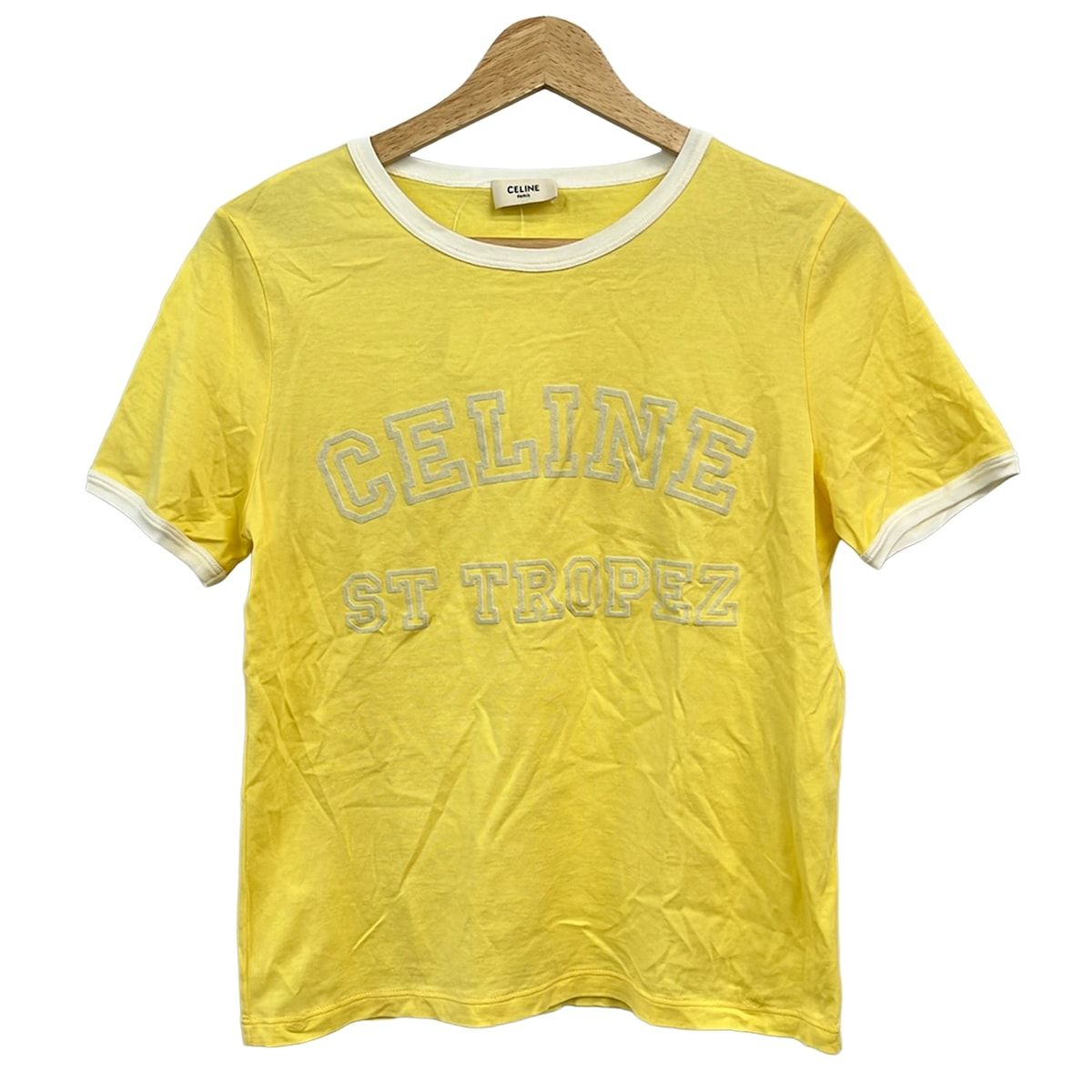 Celine Short Sleeve T-Shirt S Yellow White Light Gray Crew