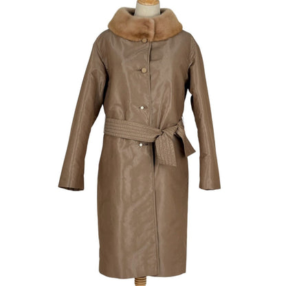 Fendi Fur Coat Fur Liner Belt Outer Polyester Fur Beige
