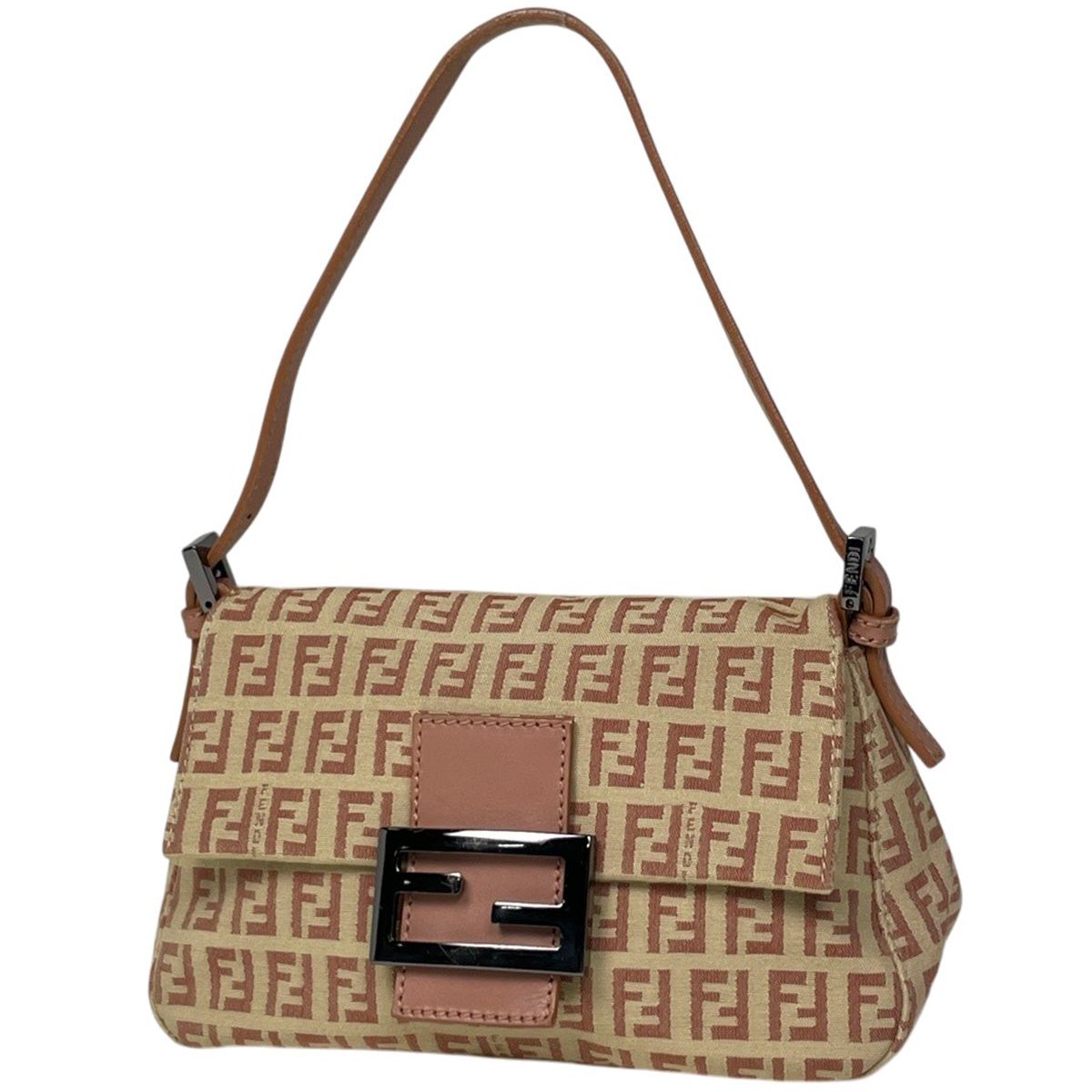 Fendi Zucchino Pattern Shoulder Bag Canvas Beige Pink