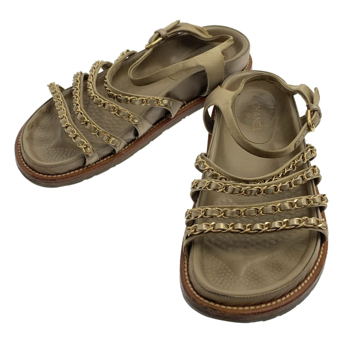Chanel Chain Strap Sandals 37 Beige
