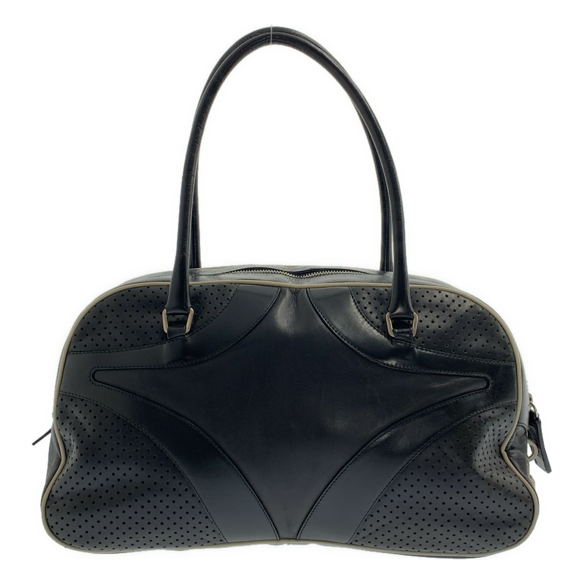 Prada Leather Hand Bag Perforated Bowling Boston Handbag Logo Fully Lined Black — view 2