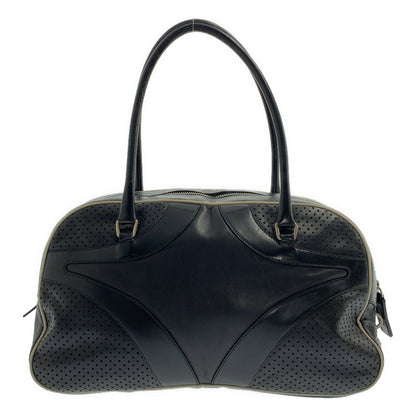 Prada Leather Hand Bag Perforated Bowling Boston Handbag Logo Fully Lined Black — view 2