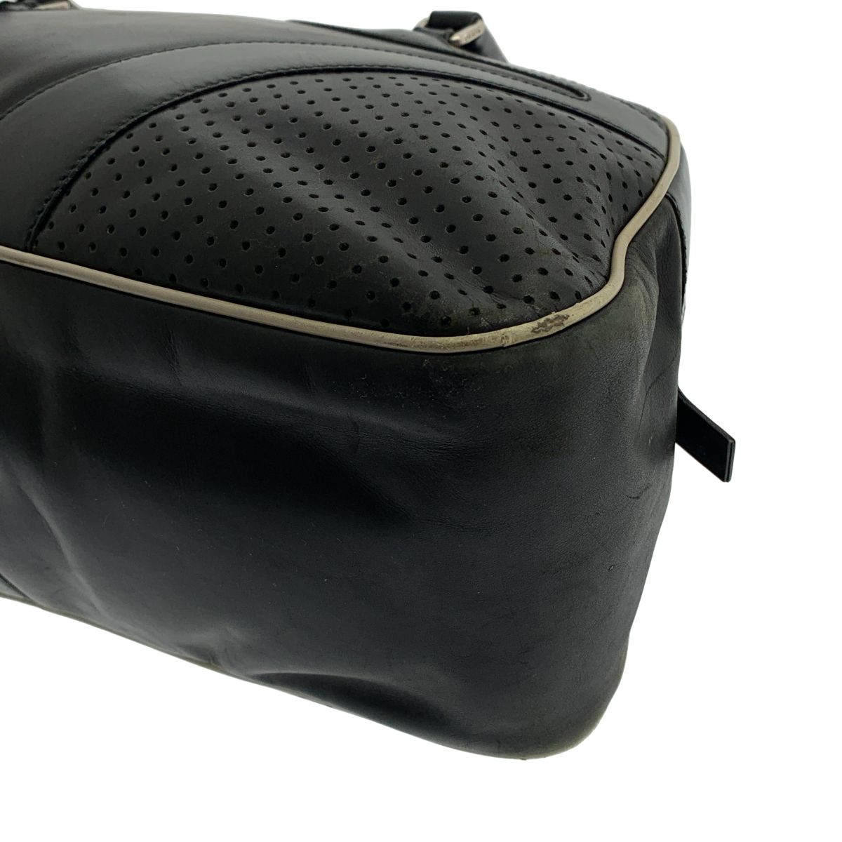 Prada Leather Hand Bag Perforated Bowling Boston Handbag Logo Fully Lined Black — view 7