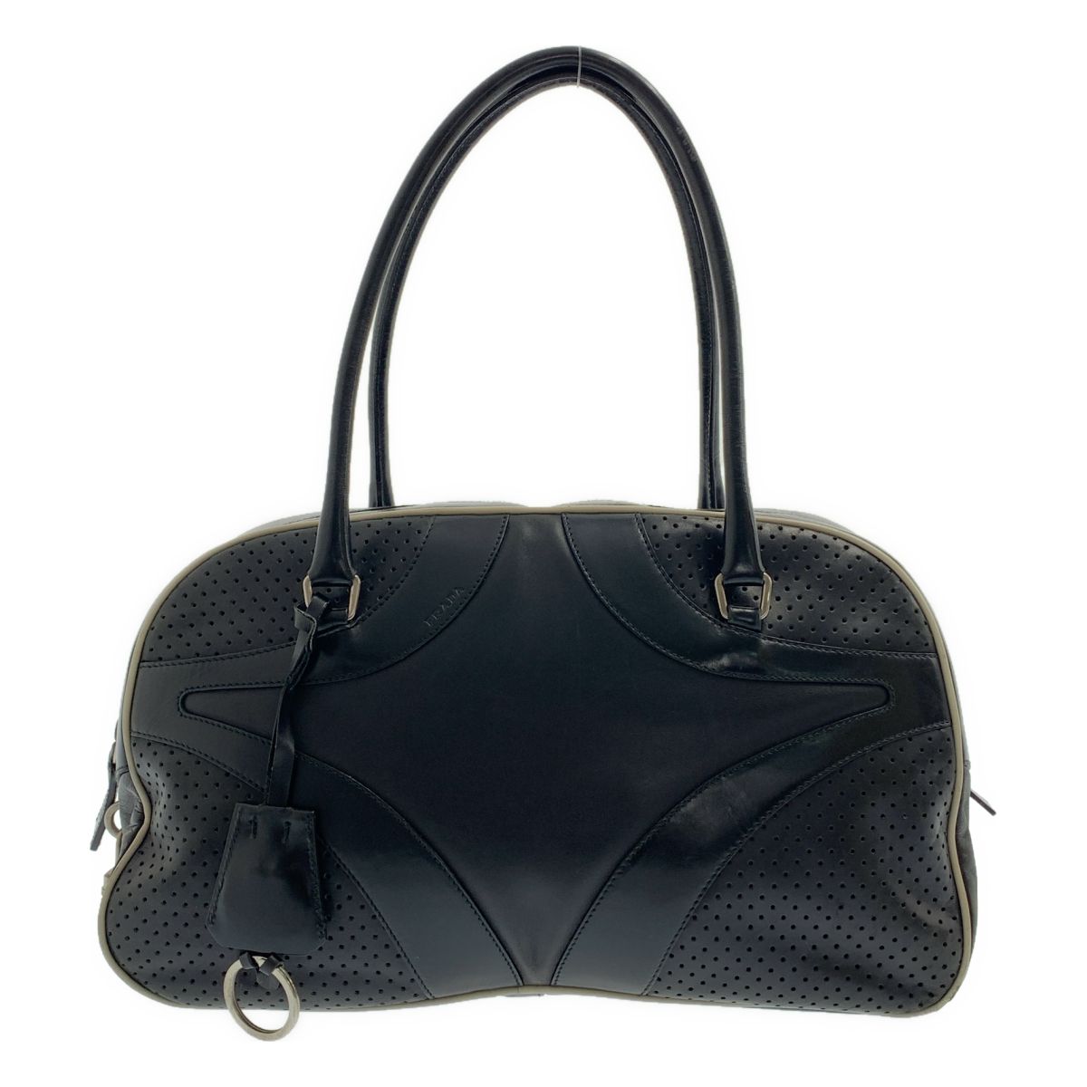 Prada Leather Hand Bag Perforated Bowling Boston Handbag Logo Fully Lined Black