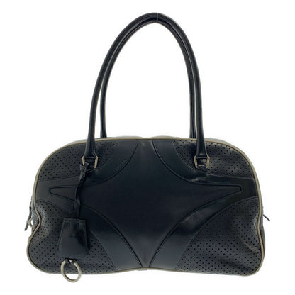 Prada Leather Hand Bag Perforated Bowling Boston Handbag Logo Fully Lined Black