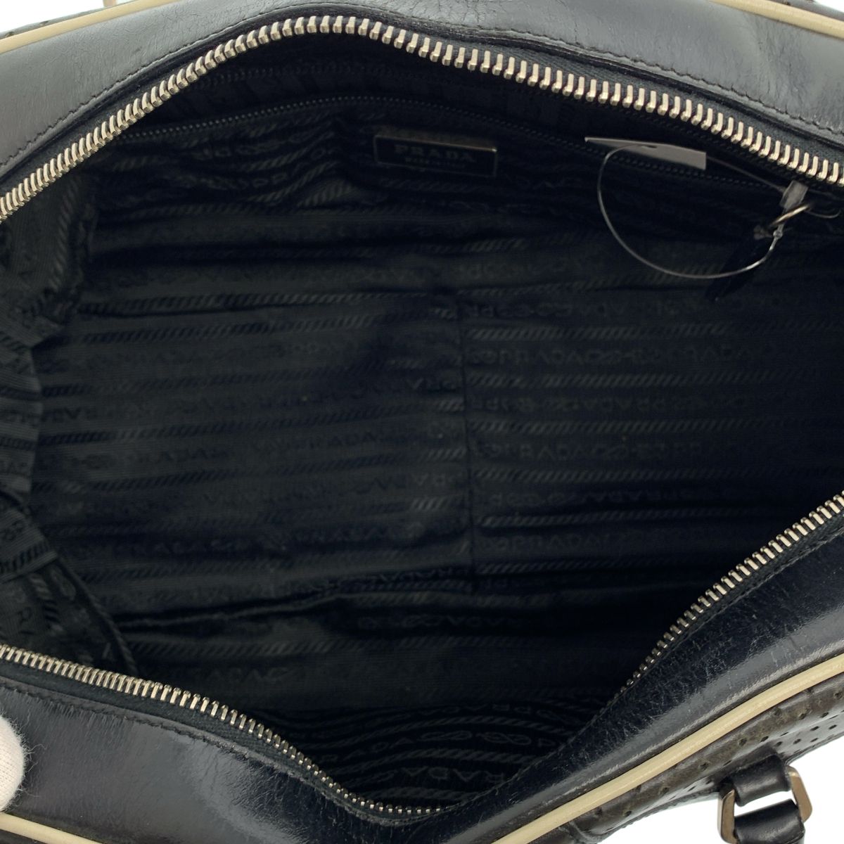 Prada Leather Hand Bag Perforated Bowling Boston Handbag Logo Fully Lined Black — view 3