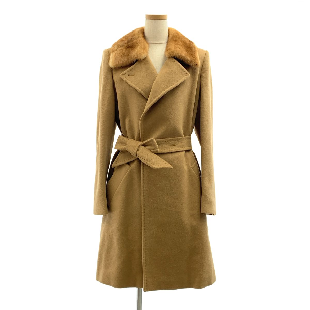 Max Mara Wool Belted Coat Mink Color Removable Logo Fully Lined 42 Beige