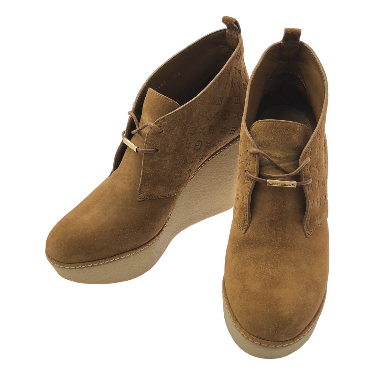 Louis Vuitton Suede Wedge Sole Short Boots 38.5 Camel