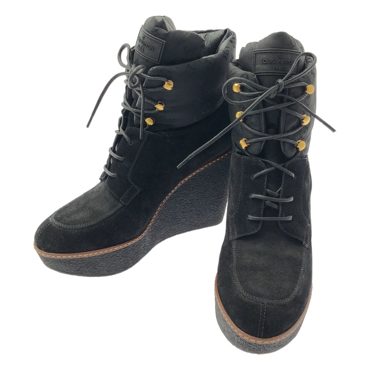 Louis Vuitton Monogram Wedge Sole Short Boots 38.5 Black