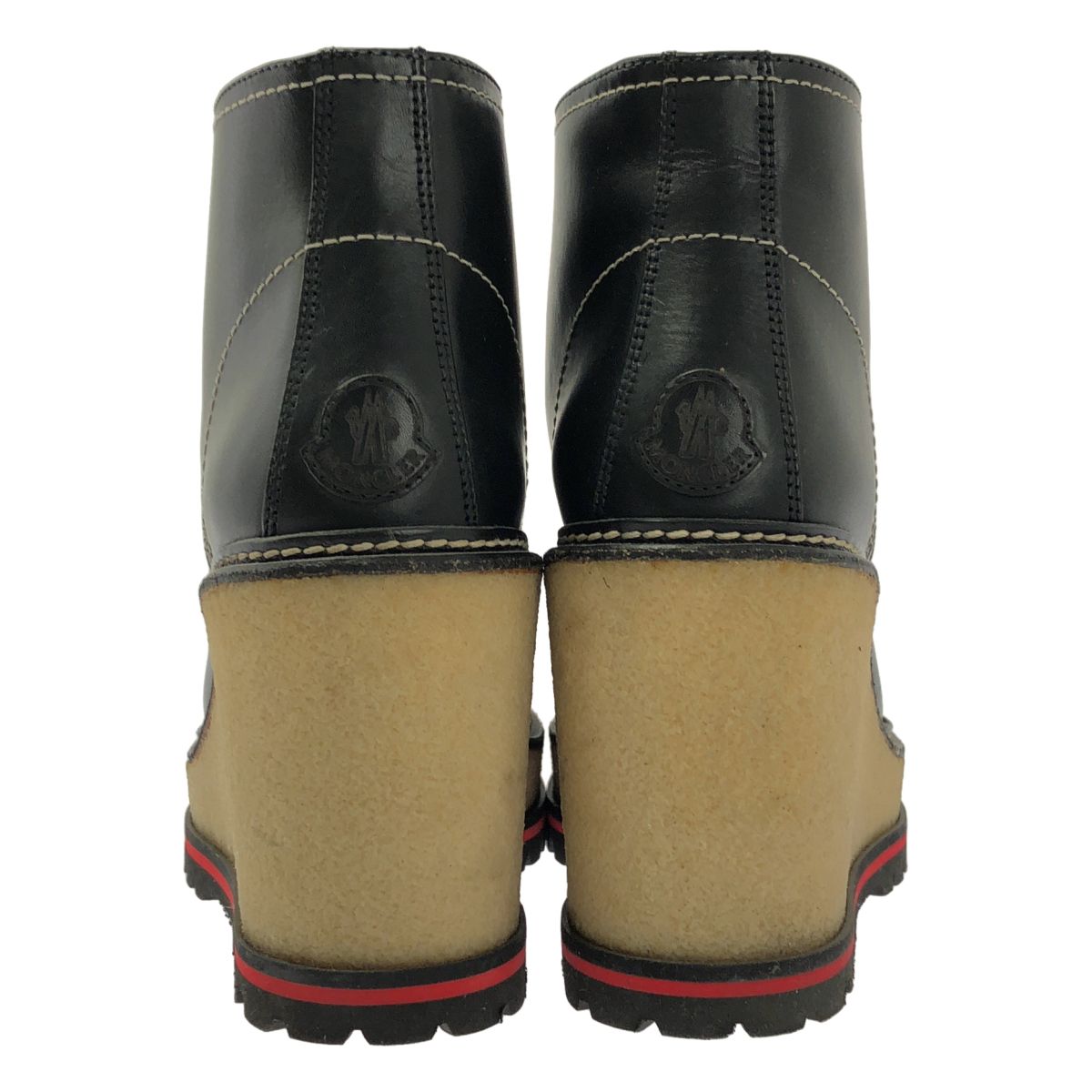 Moncler Zelie Wedge Sole Fleece Short Boots 39 Black Beige — view 3
