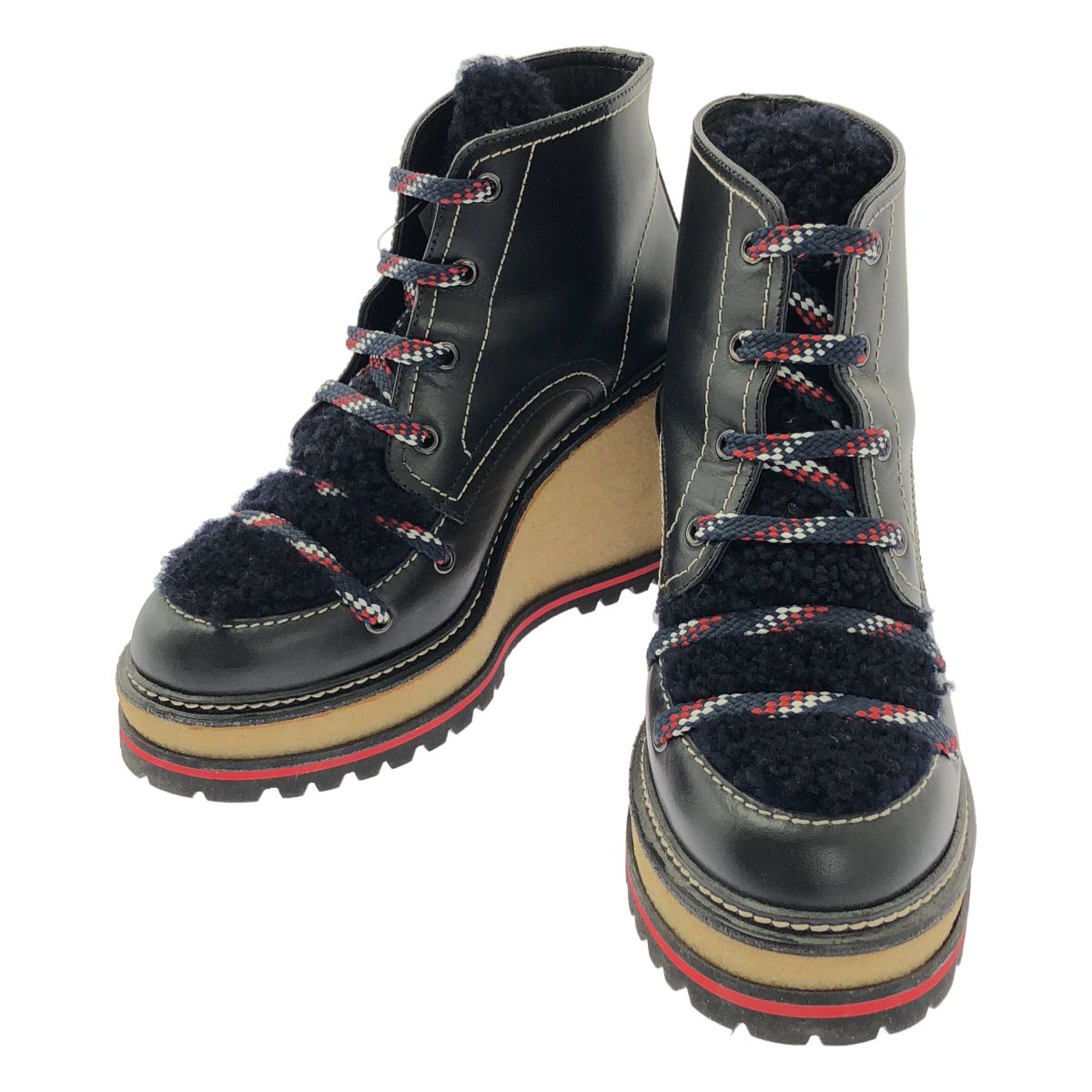 Moncler Zelie Wedge Sole Fleece Short Boots 39 Black Beige
