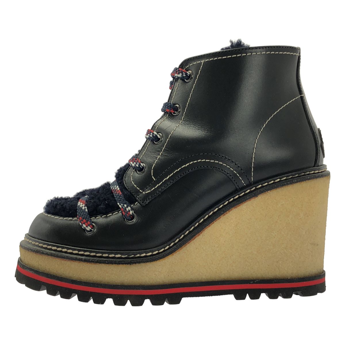 Moncler Zelie Wedge Sole Fleece Short Boots 39 Black Beige — view 2