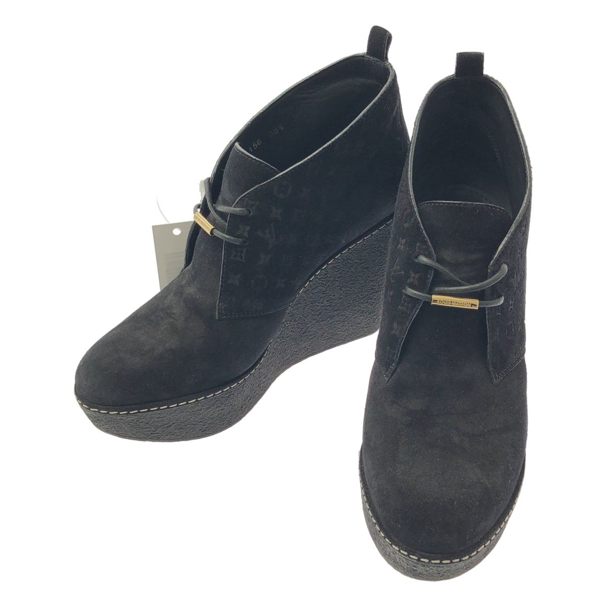 Louis Vuitton Monogram Wedge Sole Lace Up Shoes 38.5 Black