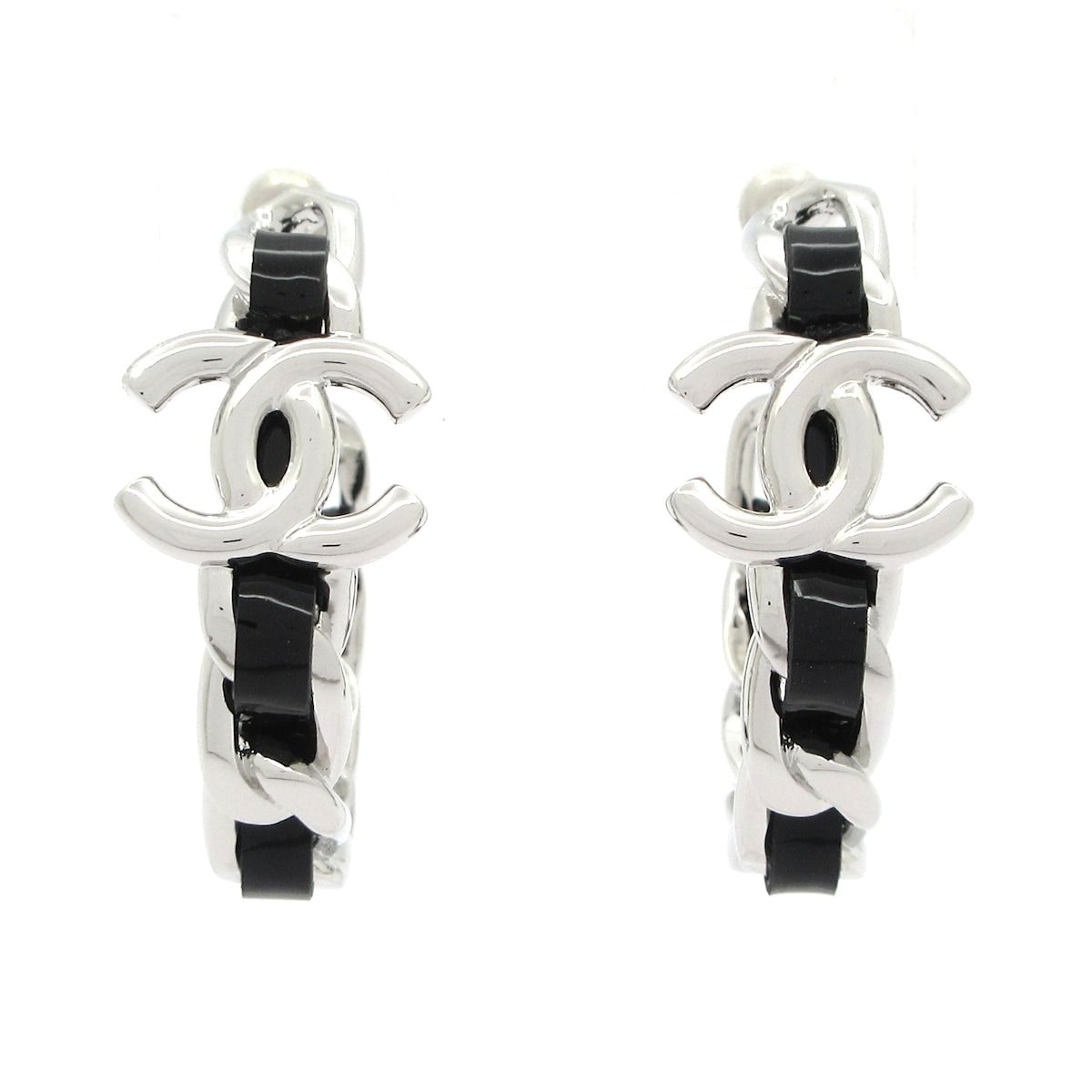 Chanel Earrings CC Logo Leather Silver Black Hoop