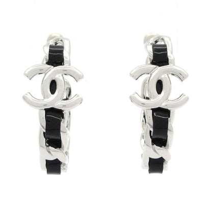 Chanel Earrings CC Logo Leather Silver Black Hoop