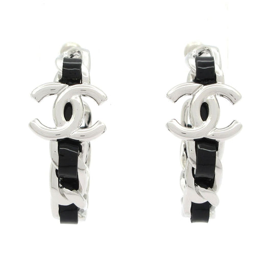 Chanel Earrings CC Logo Leather Silver Black Hoop