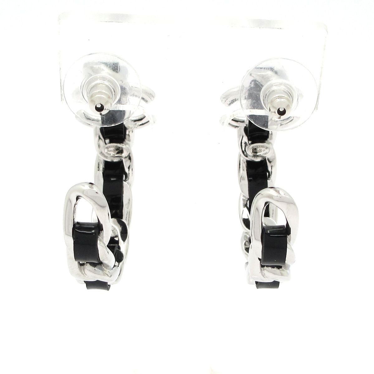 Chanel Earrings CC Logo Leather Silver Black Hoop — view 3