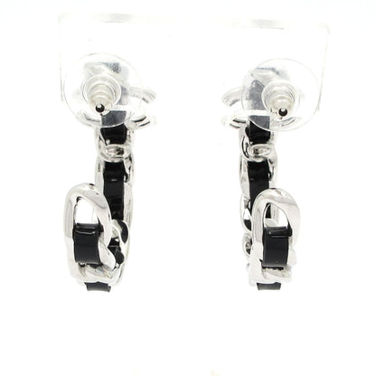 Chanel Earrings CC Logo Leather Silver Black Hoop — view 3