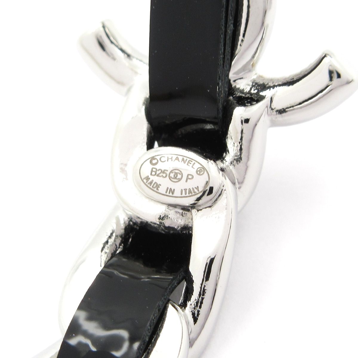 Chanel Earrings CC Logo Leather Silver Black Hoop — view 5