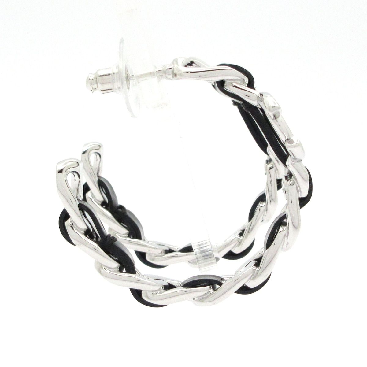 Chanel Earrings CC Logo Leather Silver Black Hoop — view 2